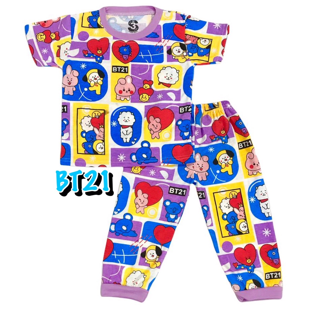 (1 KG MUAT 7 STEL) BAJU TIDUR CP ANAK KIDS LAKI-LAKI/PEREMPUAN COWOK/CEWEK SETELAN/STELAN KAOS KATUN 1-4 TAHUN BT21
