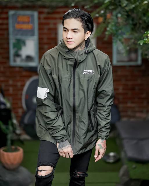 SALVIOHEXIA Jaket Waterpoof Taslan Jaket Outdoor Parasut Pria Hijau Army