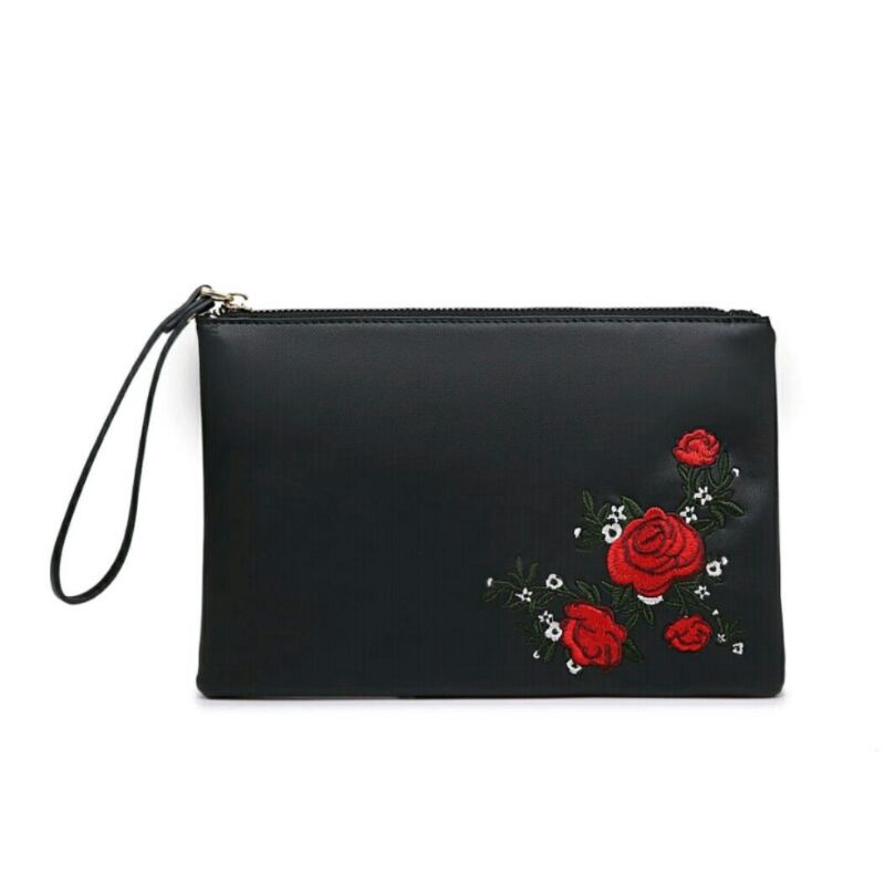 Dompet Wanita Multifungsi / Black Rose Flower Pattern Woman Wallet / Clutch Wanita