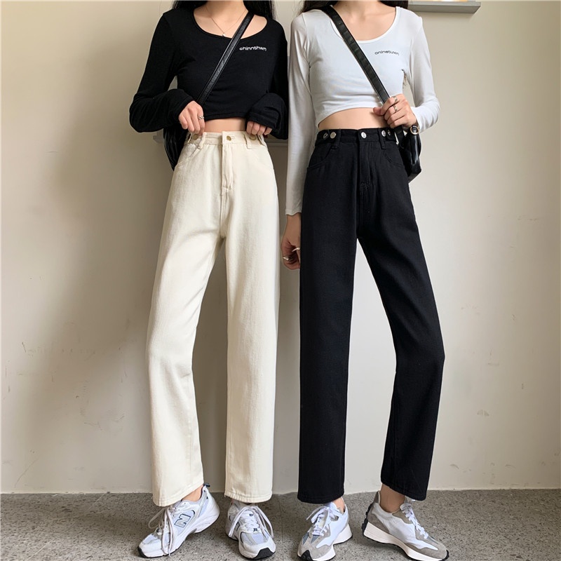 High Waist Celana Jeans Panjang wanita denim straight pants Korean style