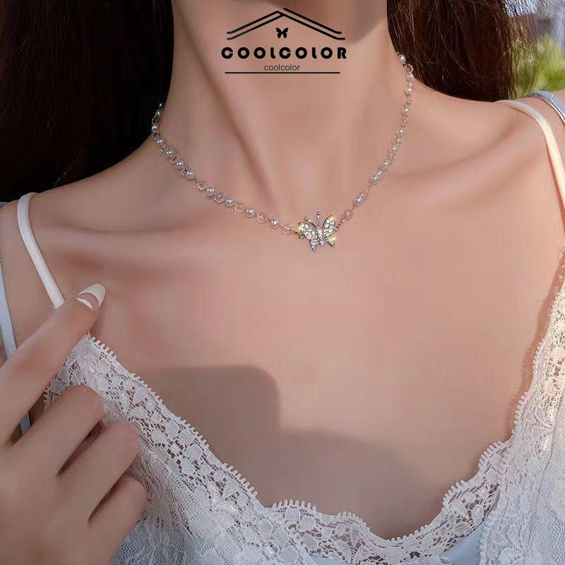 COD❤️Kalung Kupu-kupu Mutiara Wanita Anti Karat Dan Anti Luntur Kalung Hadiah Ulang Tahun Mewah Niche Kalung Rantai Tulang Selangka
