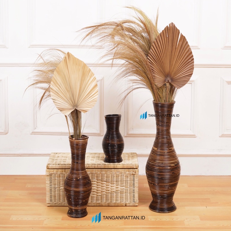 GUCI ROTAN / VAS POT BUNGA ROTAN HITAM NATURAL ASLI ROTAN FINISHING MENGKILAP