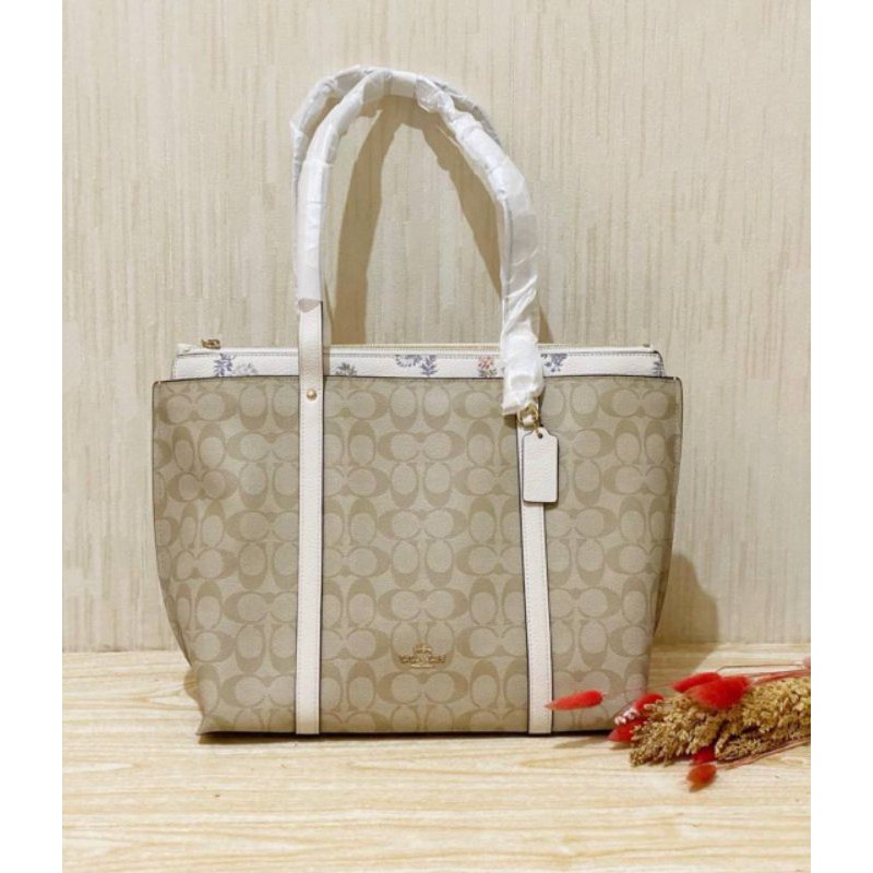 ready coach signature floral print may bag tote khaki chalk multi blue asli