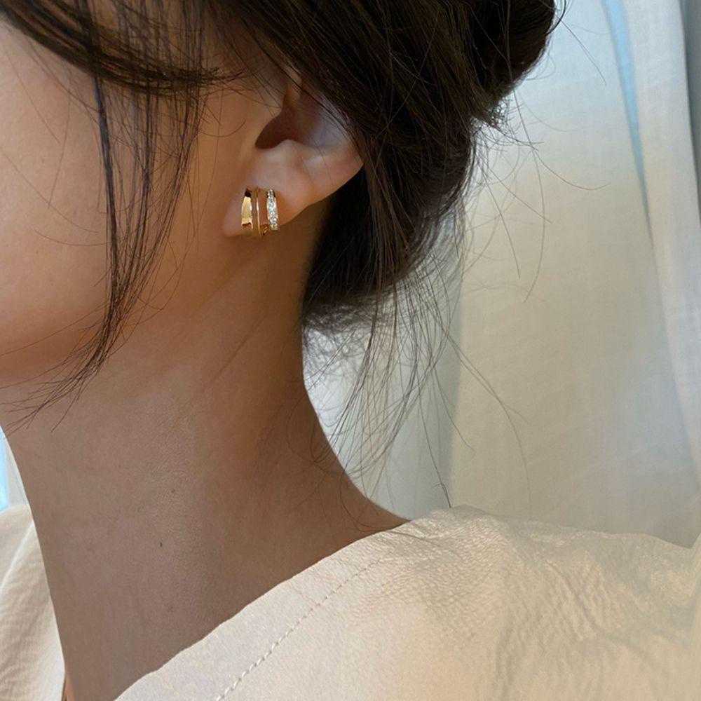 Needway C Shaped Earrings Hoop Earrings Hadiah Pesta Mewah Lingkaran Ganda Alloy Kristal Stud Earrings