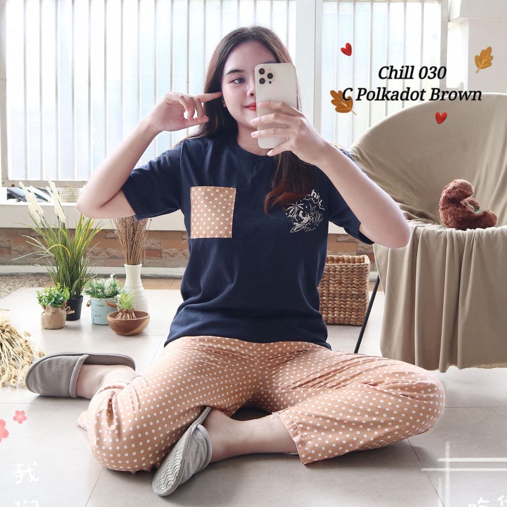 IZANY Piyama Dewasa Size S/ CP Atasan kaos Tebal-CHILL 030 POLKA BROW