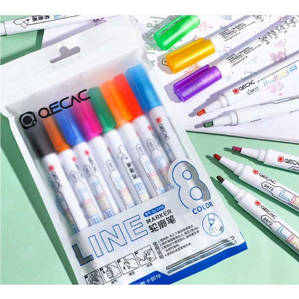 Outline Pen Line MARKER / Spidol Marker Tebal Gliter Mengkilap bisa untuk Buku Hitam / Marker Kilap 8 in 1 / Spidol Warna Mengkilap / Marker Warna-Warni Glitter