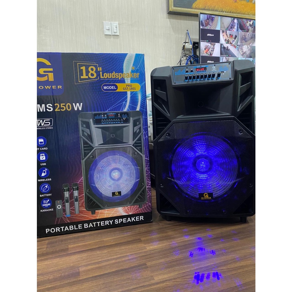 G-POWER PROFESSIONAL PORTABLE SPEAKER GST 1801 PRO 18 INCH  250W GRATIS 2 MIC TANPA KABEL