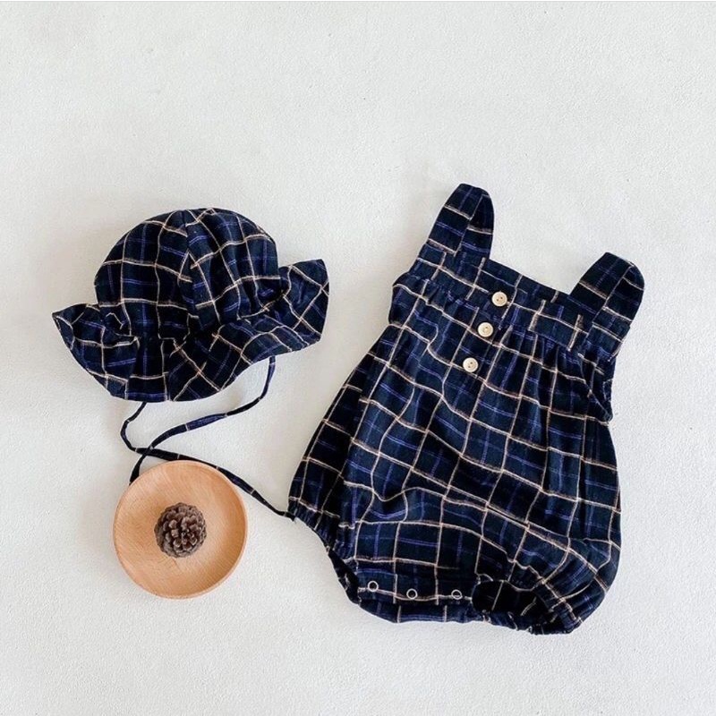 Romper anak/bayi perempuan lengan kutung motif kotak-kotak import (include hat)-4