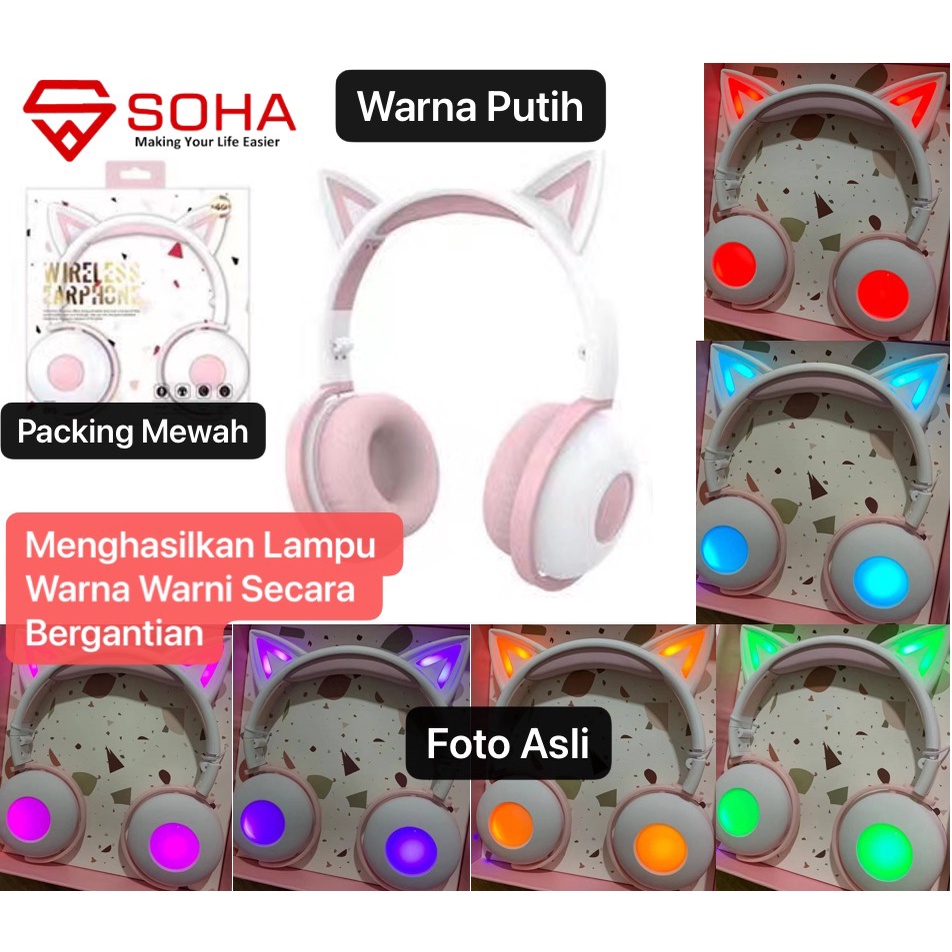 HGM-023 Cat Ear LED Light Headphones / Earphone Bisa Bluetooth / Bisa Kabel Aux Model Telinga Kucing