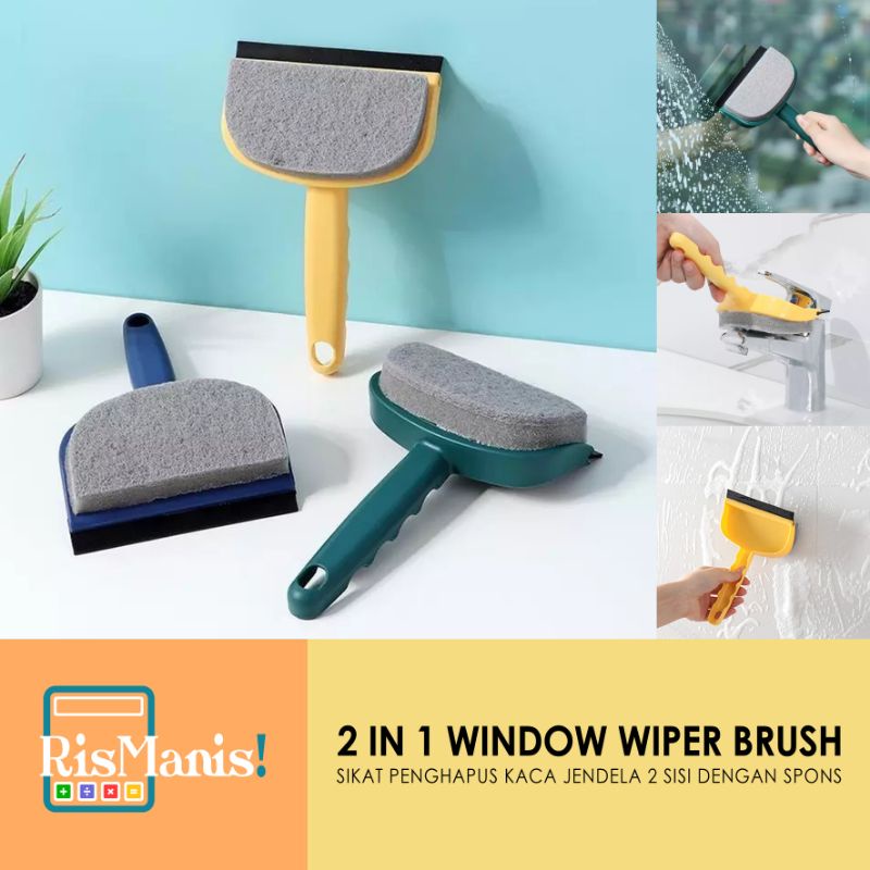 2 IN 1 WINDOW WIPER BRUSH - Scraper Sikat Spons Fiber Lembut Pembersih Kaca Cermin 2 Sisi Jendela Pintu Mobil Pengikis Cuci Kamar Mandi