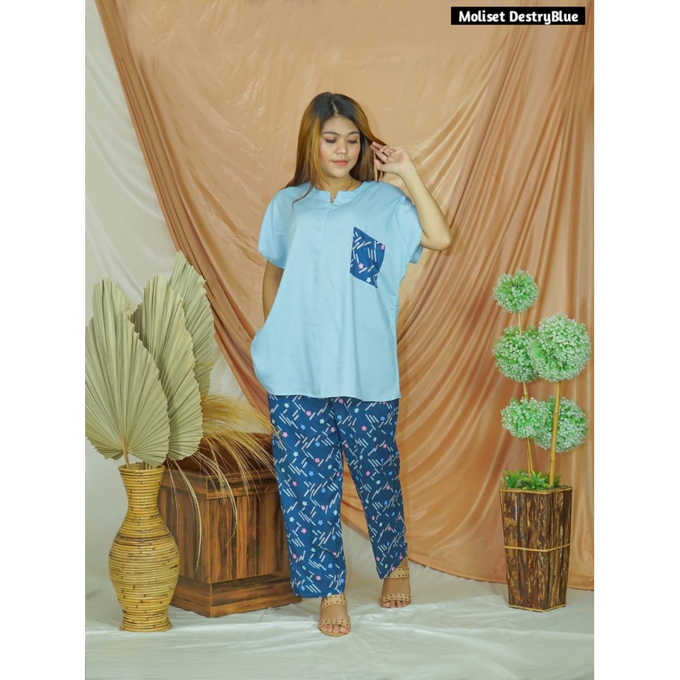 Setelan Piyama Babydoll Lengan Pendek Kekinian Baju Tidur One Set Rayon Premium Wanita Dewasa Busui-Destry Blue