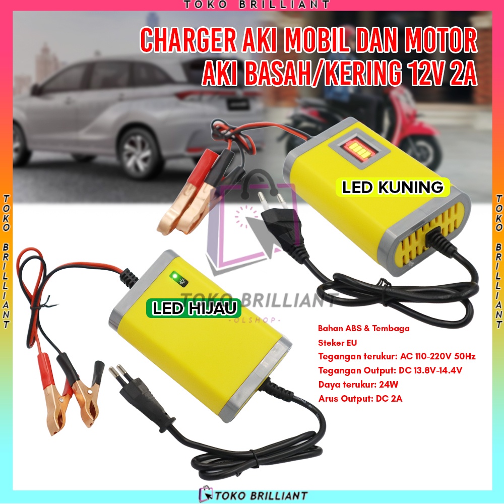 Charger Aki Portable 12V 2A Casan Accu Motor Mobil Sparepart Motor Listrik Colokan Indikator LED