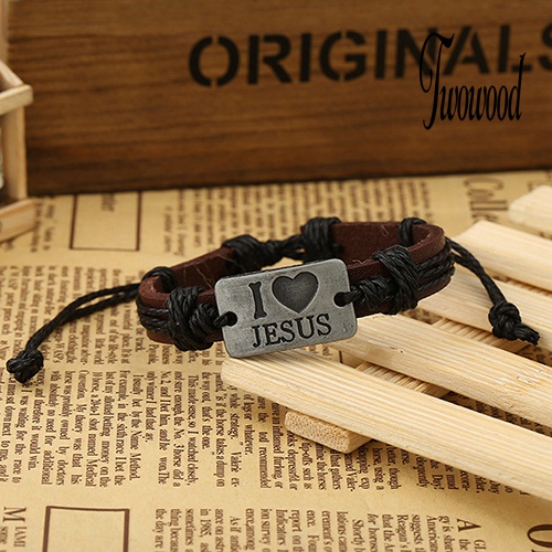 Gelang Tali Rami Adjustable Bahan Kulit Imitasi Motif I LOVE JESUS Untuk Unisex