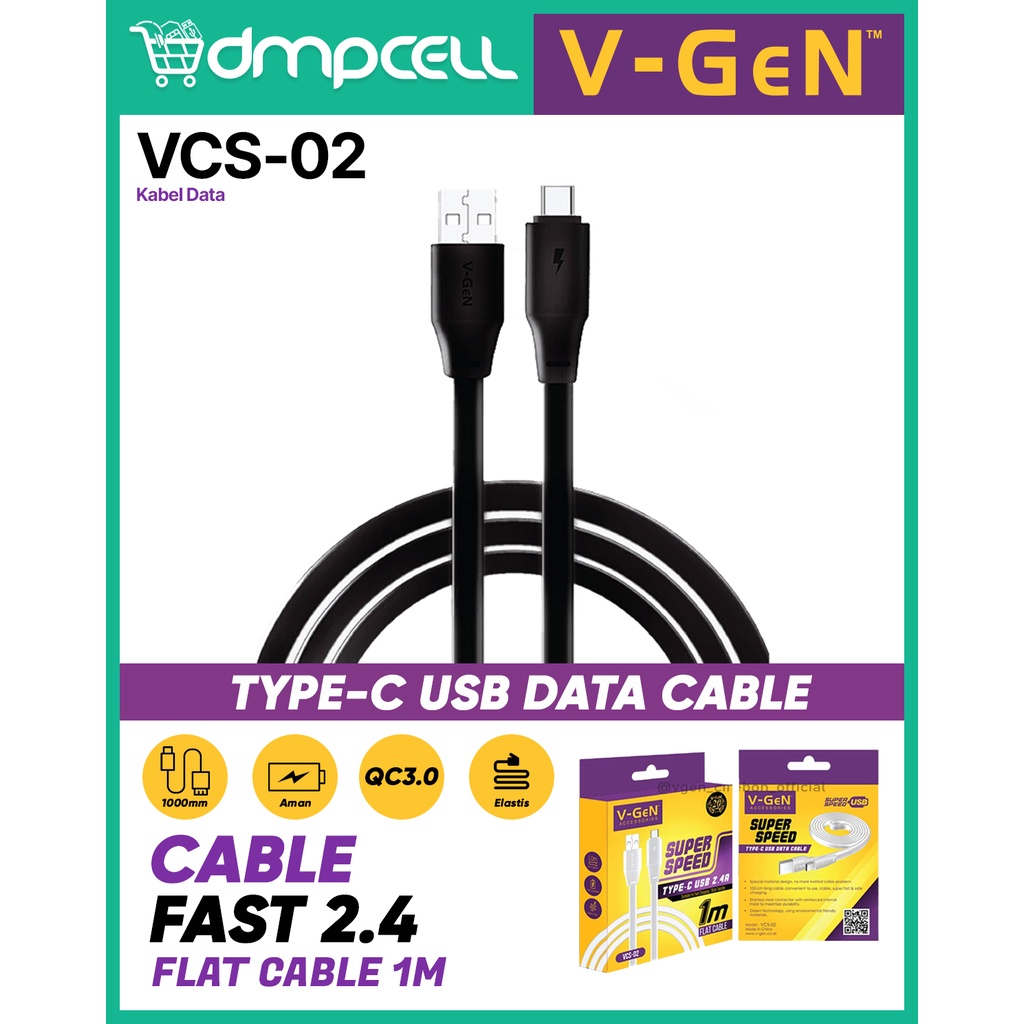 BOP KABEL DATA CHARGER V-GEN VGEN VCS02 VCS-02 TYPE C SUPER SPEED 2.4A FLAT CABLE USB TYPE-C