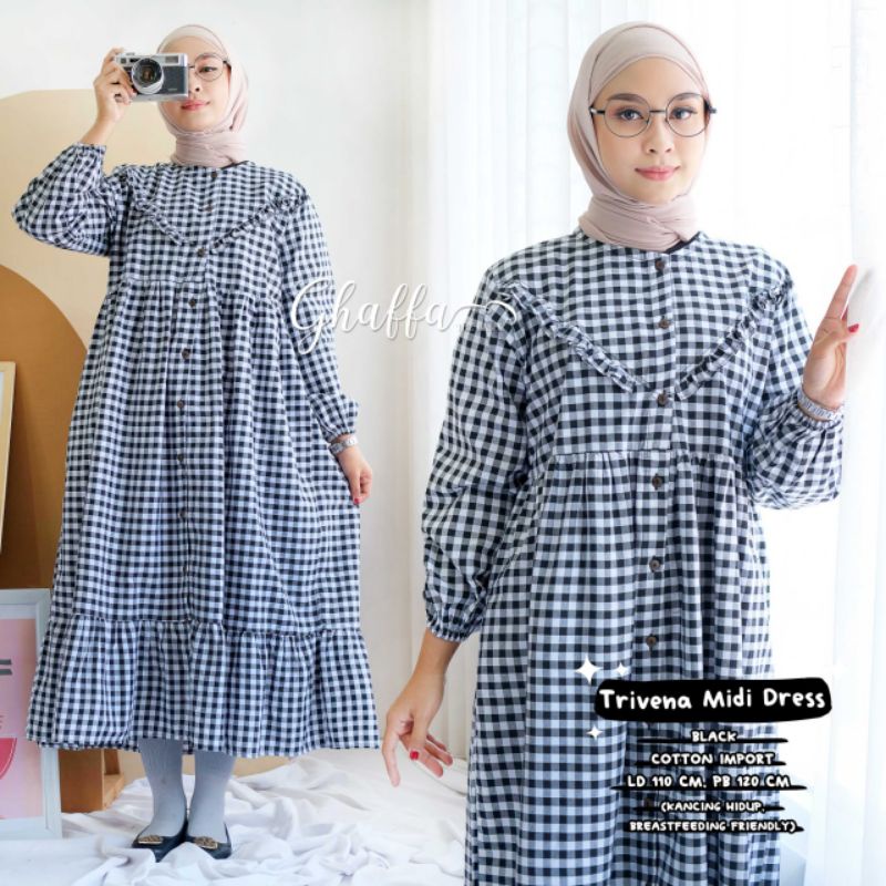 Trivena midi dress motif kotak-kotak bahan katun by ghaffa the label