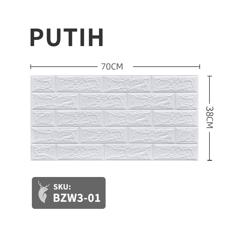Wallpaper Dinding Foam 3D Motif Batu Bata Walpaper Stiker Dinding Dekorasi Kamar Murah 3dWalpaper 70 x 77 cm High Quality Guarantee-BZ301- PUTIH 70X38