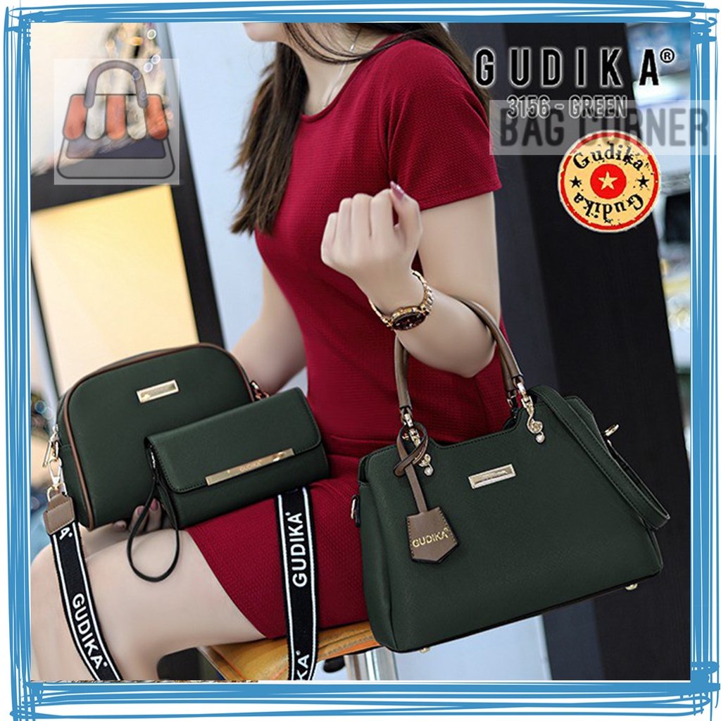 BagCorner - Open Reseller  Gudika 3156 Tas Wanita Shoulder Bag Kece Korea Bahan Kulit PU Bonus Dompe