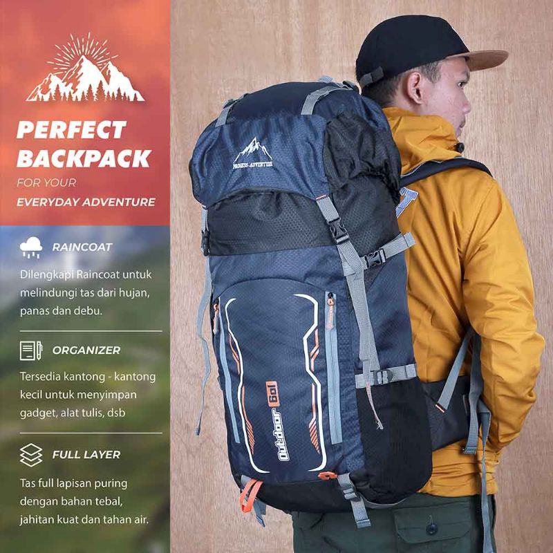 ARG Tas Ransel Keril Gunung Carrier Camping Kapasitas 60L Semi Water Resistant Outdoor Hiking Bag FK8607 Punggung Pria/Cowok