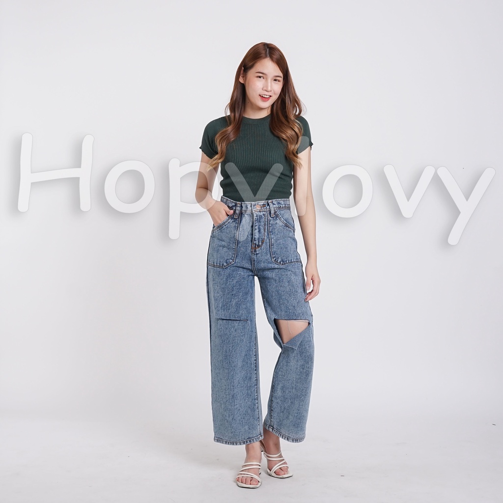 HOPYLOVY Celana Kulot Jeans Wanita Sobek Lutut Highwaist Jeans BF Avika