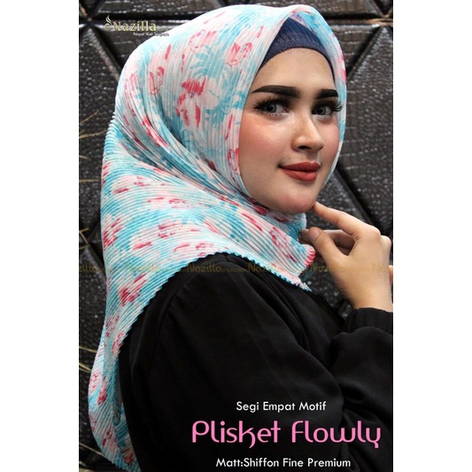 Jilbab Segi Empat Motif Plisket Polycatton Ori Nazilla-Flowly Blue