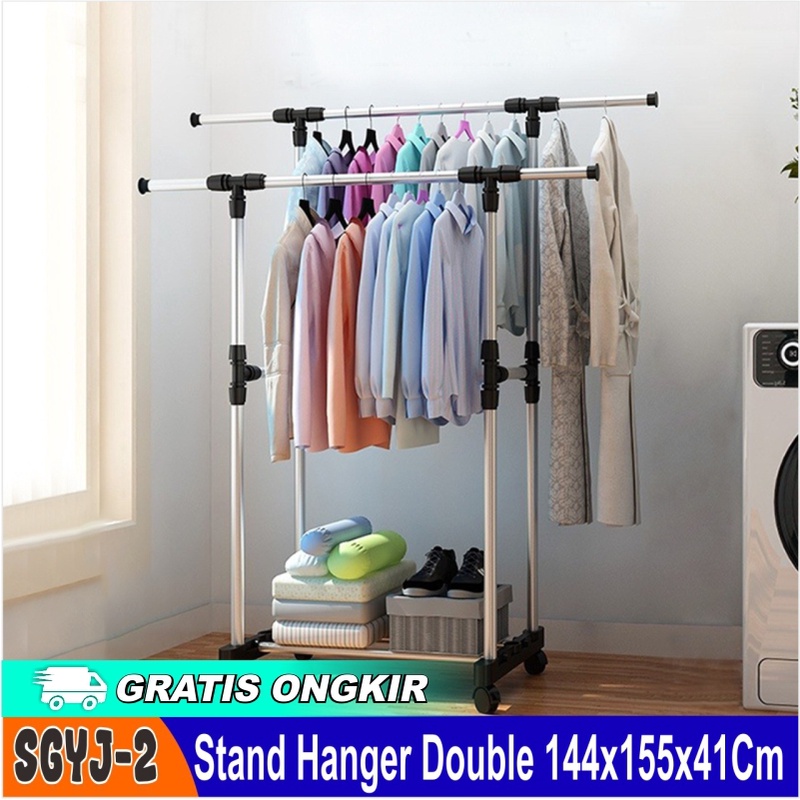 Stand Hanger Serbaguna Stand Hanger Model Kekinian Stand Hanger Double Rak Baju Portable Gantungan Jemuran Pakaian Serbaguna