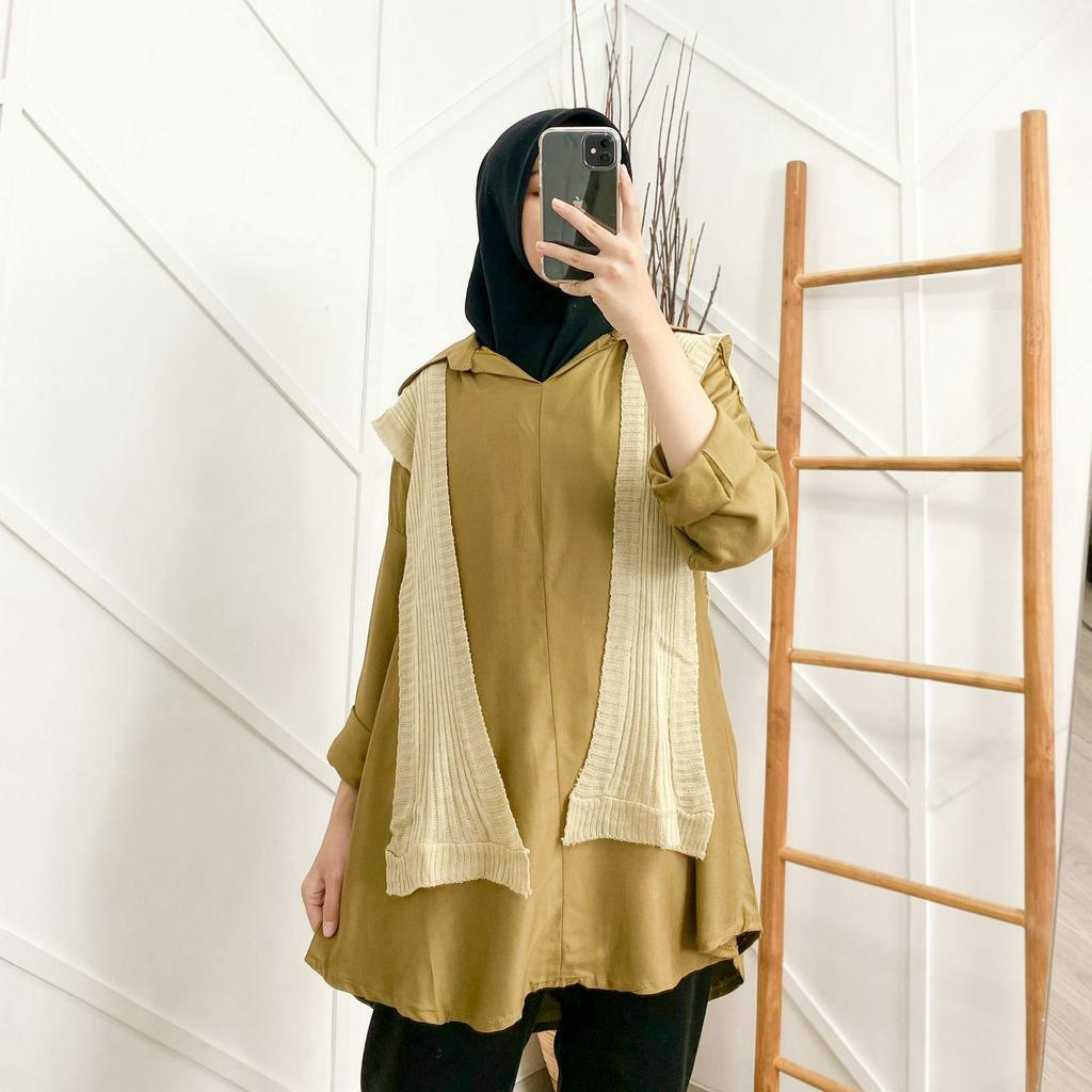 Bailey Blouse - Blouse Wanita - Blouse Korean Style - Rayon Twill Polos Mix Variasi Rajut Ld 120cm Size Besar Kerah Kemeja