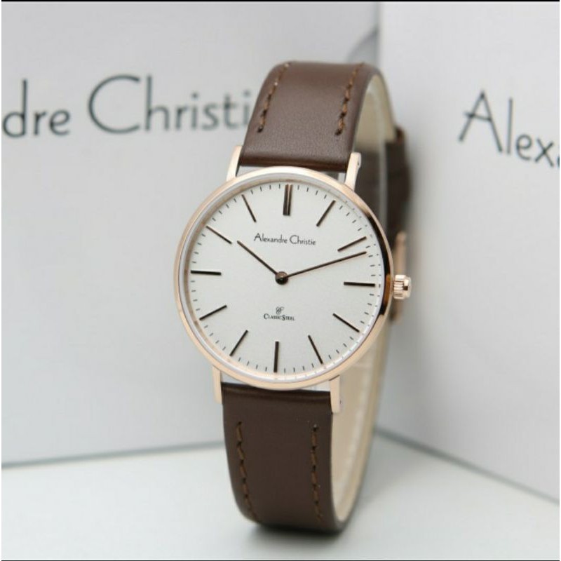 ORIGINAL JAM TANGAN WANITA ALEXANDRE CHRISTIE CEWEK ROSEGOLD BROWN KULIT ALEXANDER CRISTIE AC 8490