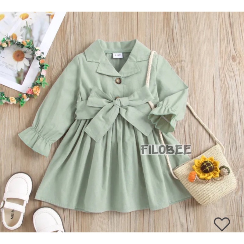 FILOBEE DRESS ANAK PEREMPUAN KATUN LINEN RAMY/LENGAN PANJANG PITA STYLE