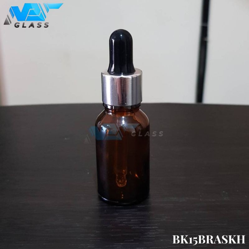 botol kaca pipet 15ml amber / coklat - ring almunium silver