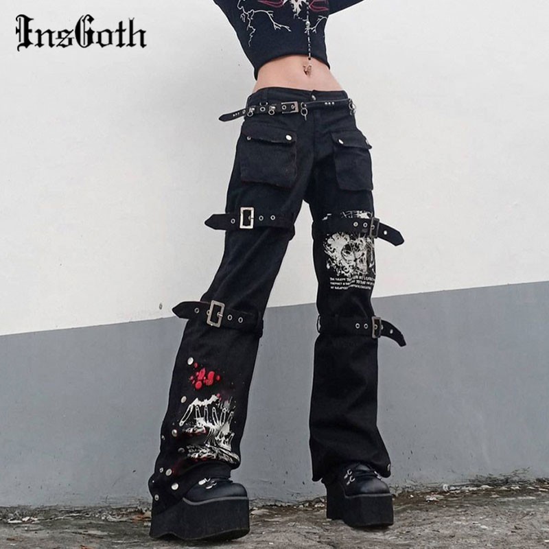 InsGoth Y2K Punk Skull Print Black Buckle Pants Harajuku High Waist Big Pocket Trousers Goth Mall Gr
