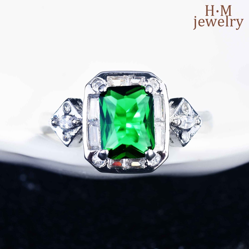 Cincin Model Terbuka Bentuk Persegi Panjang Aksen Emerald Turmalin