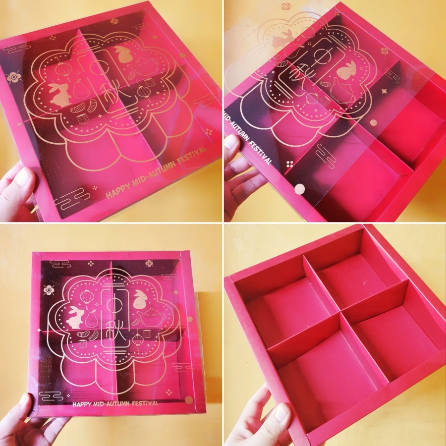 

(5 pcs) box mooncake 125 gr sekat 4 dus mooncake merah&kartu ucapan kardus kotak packaging ukuran 11x11x6 cm