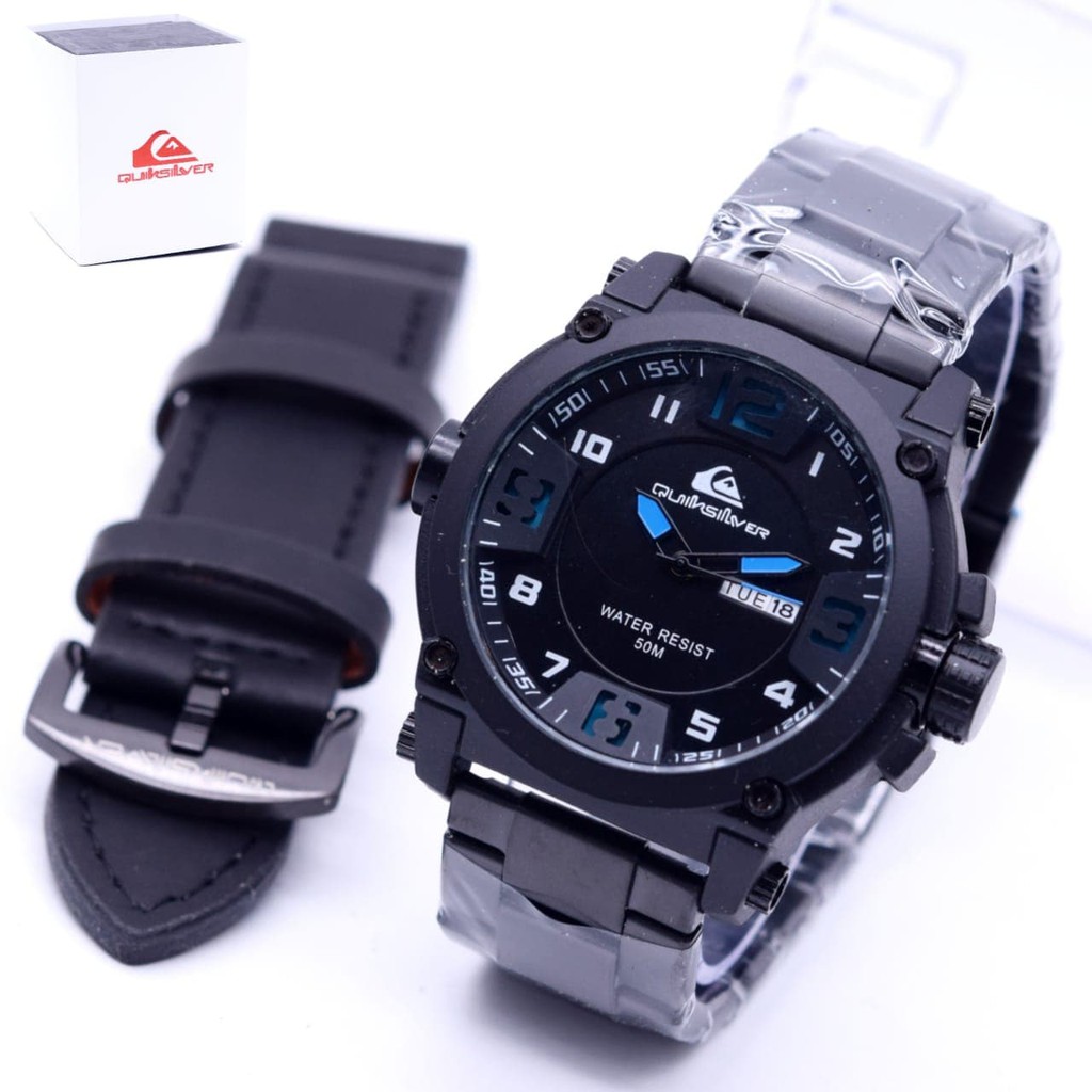 Villamontes Hisar Jam Tangan Pria Qu1ks1lv3r Paket Rantai Black Blue, Leather Black