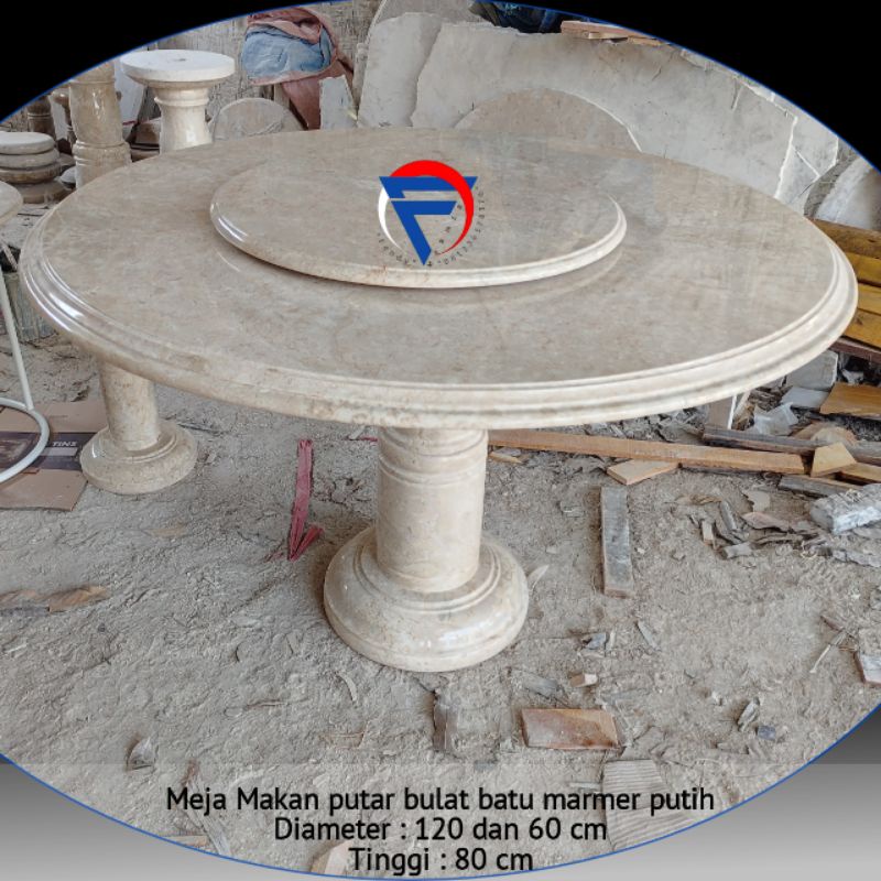 Meja makan bulat putar batu marmer putih