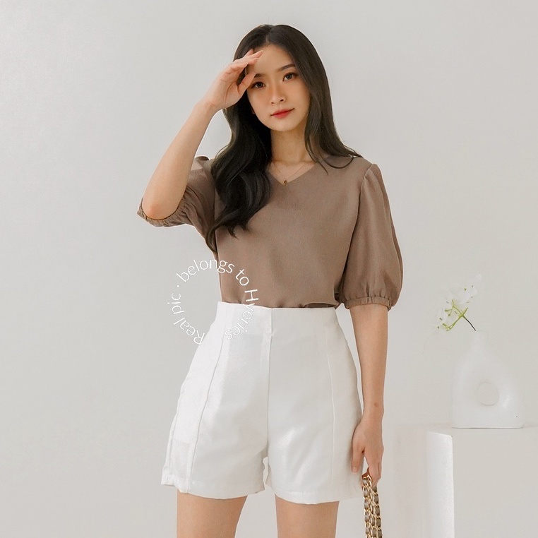 HYERIES Bomi top / Atasan Casual Wanita Korea / Vneck Puffy Sleeve Top / Atasan Lengan Balon / Blouse Wanita / Pakaian Polos Wanita