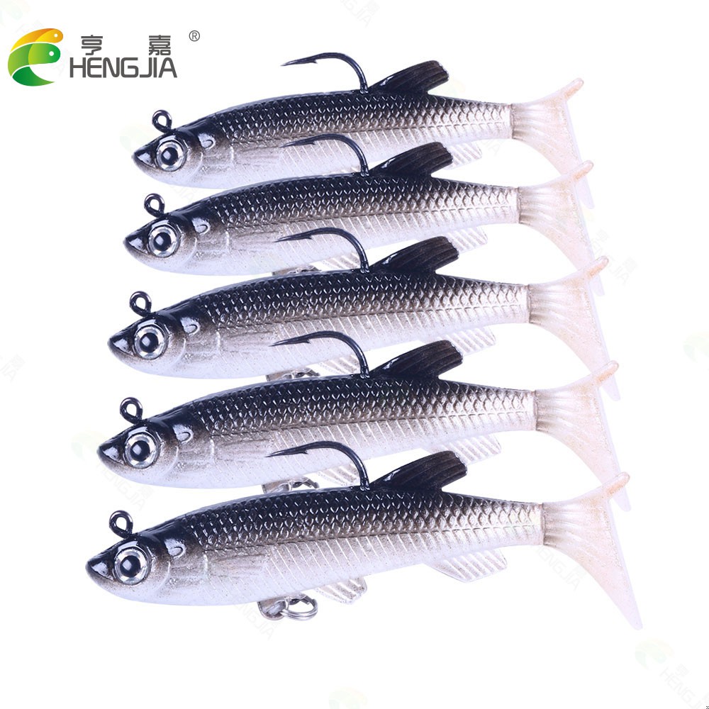 HENGJIA  5 Pieces Soft Fishing Lure Wobbler Swimbait Silicone Isca Artificial Bait Carp Fishing Lead Jig Fish Pesca 12.5g/7.5cm