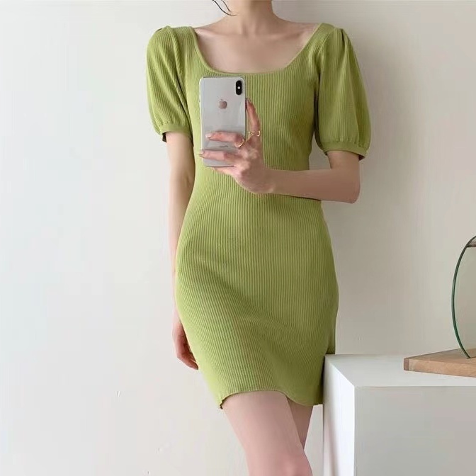 【Elegant】Korean Vintage Square Neck Solid Color Mini Dress 7475