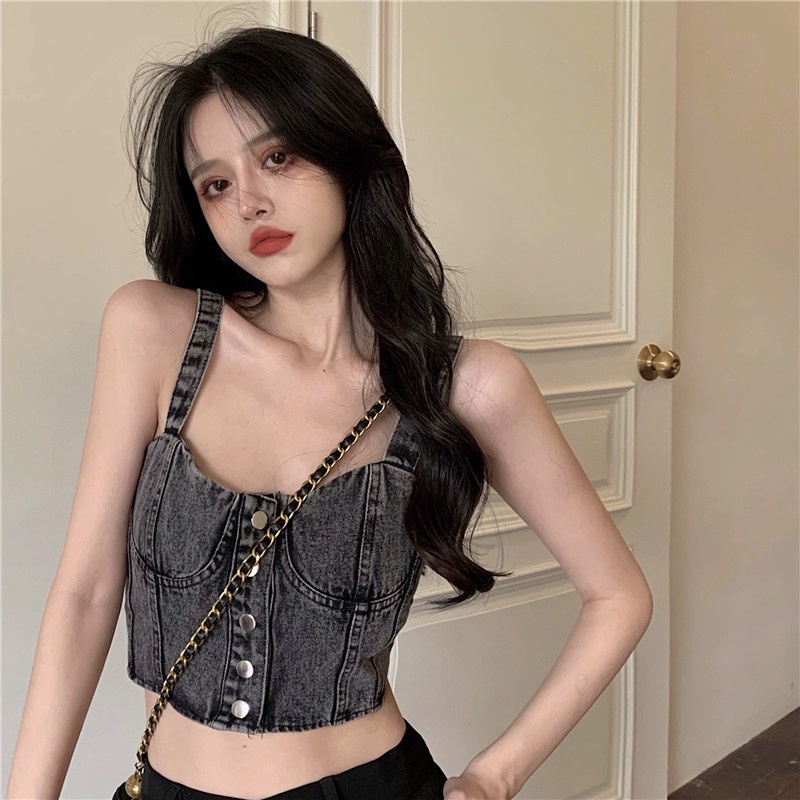 Suhao Tanktop denim kamisol wanita musim panas retro Eropa dan Amerika hot girls gaya pendek cropped pusar di dalam dan luar memakai top in pasang