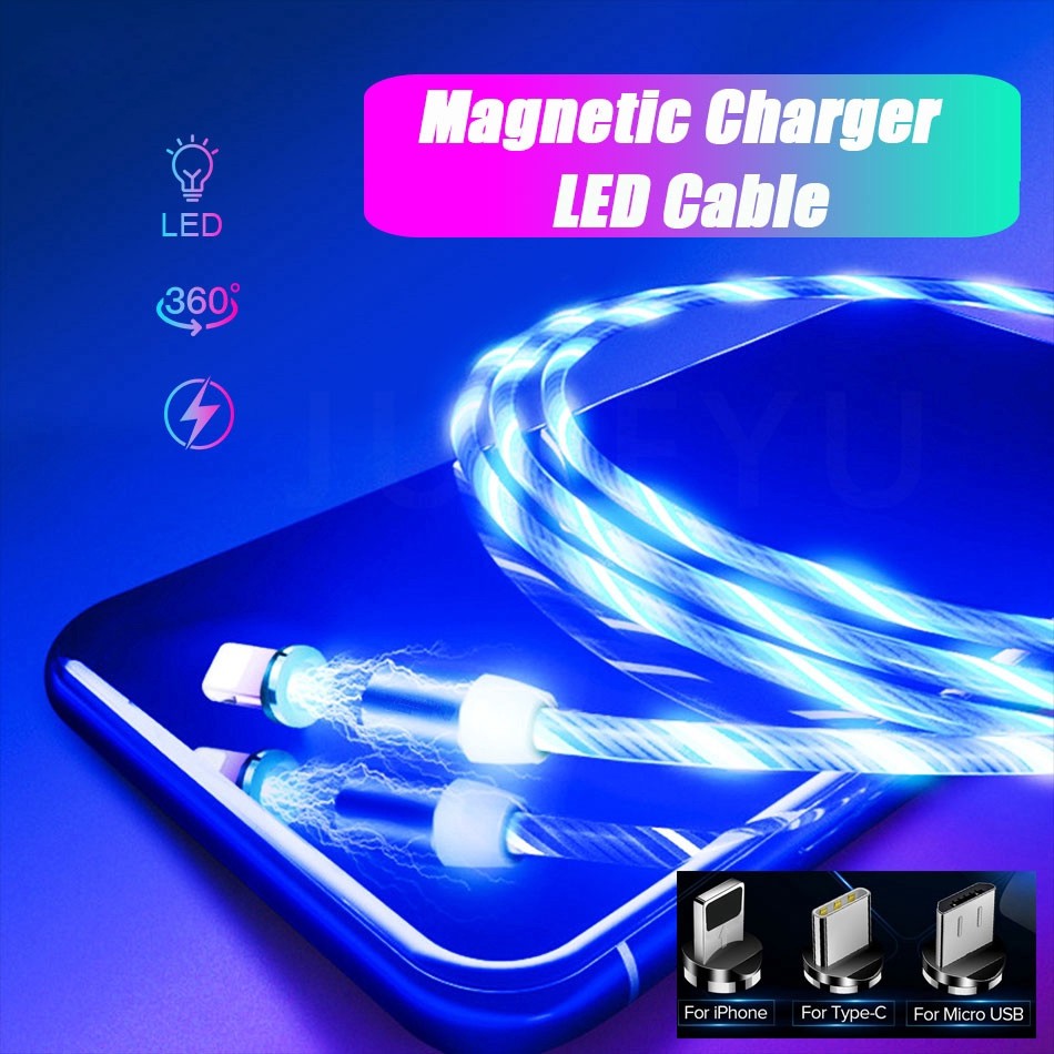 Kabel Cas Kabel Charger 3 in 1 Micro USB Type C Lightning USB GLOW LED Magnetik Fast Charging 1M