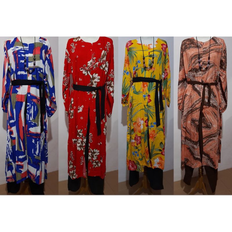 Setelan Tunik Motif Bunga Tali Ikat Pinggang | Longset Piyama | Set baju panjang celana panjang