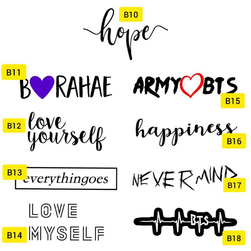 Tato BTS Stiker Tato Temporer ARMY (GESER GAMBAR) Tato Jungkok Kim Taehyung Yoongi Seokjin Namjoon Jimin hoseok Hope love yourself nevermind happiness life goes on serendipity i purple you