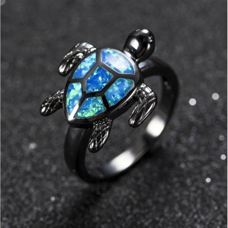 SEUSUK  Blue Tortoise Fire Opal Ring for Women Black Animal Design Finger Jewelry COD