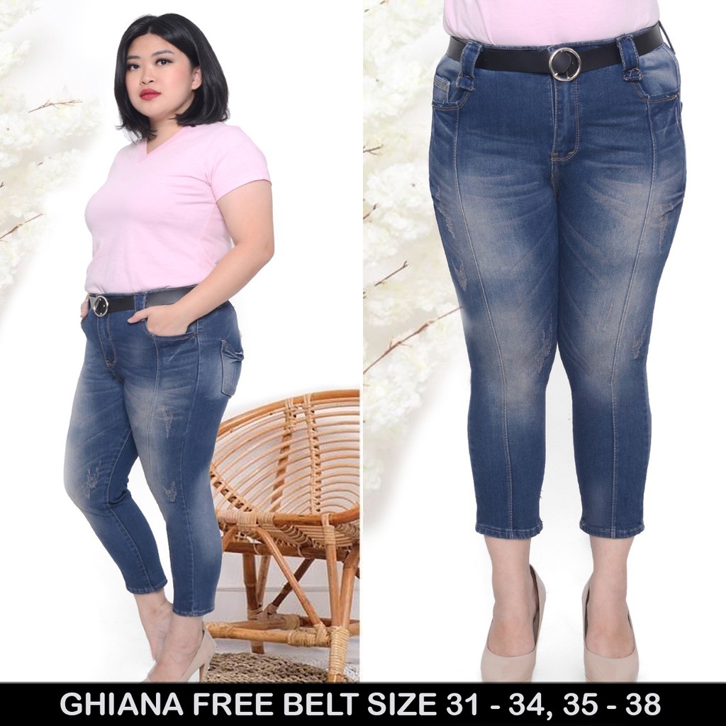 CELANA JEANS WANITA JUMBO GHIANA BELT FRONT LINE CLAW BROWN WASHED BIGSIZE