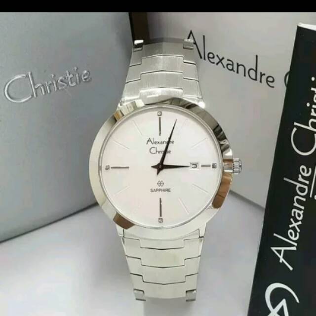 Jam Tangan Pria Original Alexandre Christie Ac 8568 Silver Plat Putih