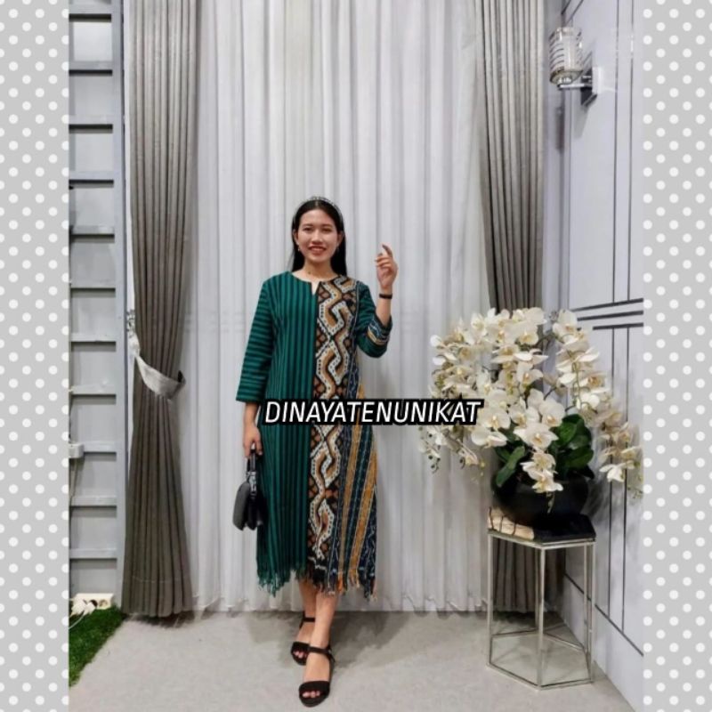 DRES TENUN ETNIK JEPARA TERBARU - MOTIF TENUN KOMBINASI LURIK HIJAU -BAJU KERJA WANITA