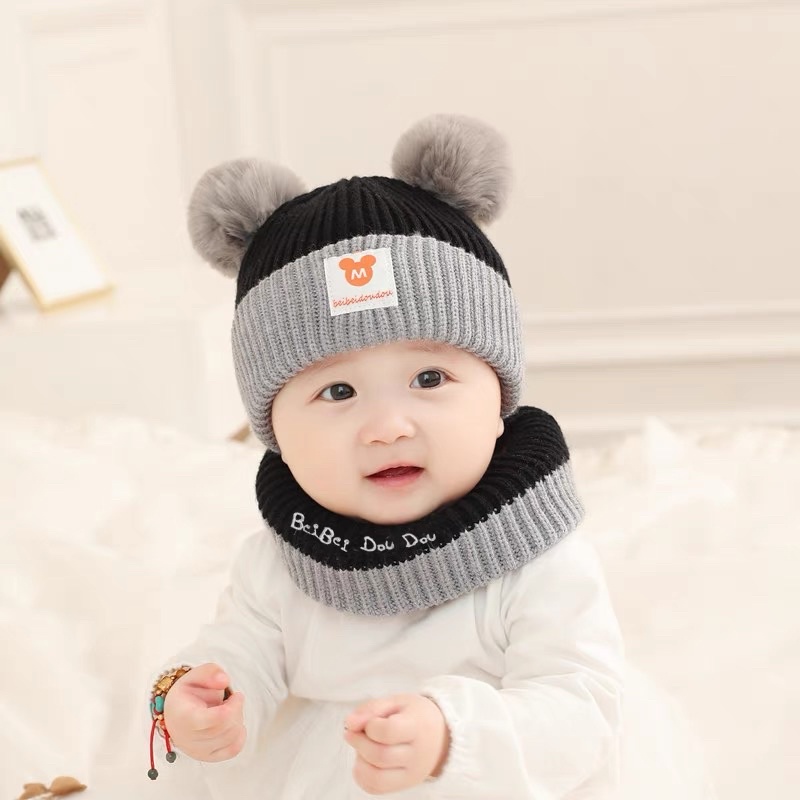 Topi kupluk bayi beanie anak scarf penghangat leher import bearly set hangat newborn warm knit rajut