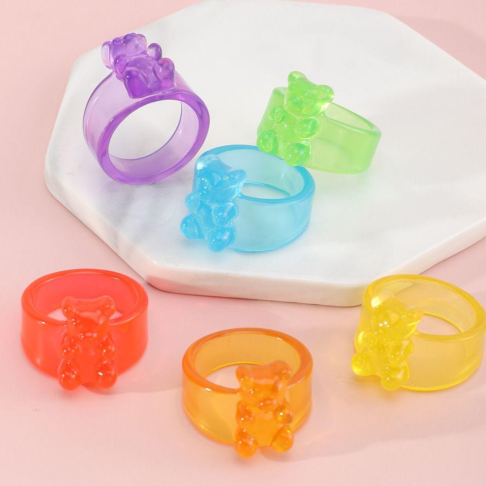 Mxbeauty Cincin Resin Lucu Geometris Warna Permen Beruang Bulat Gadis Gaya Korea Rings