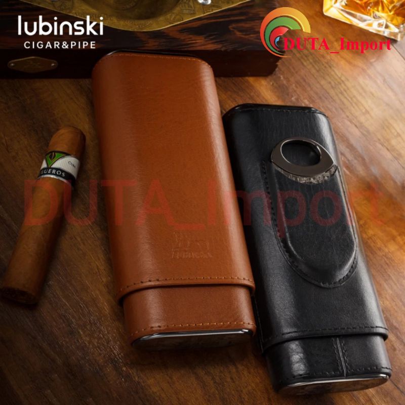 LUBINSKI Case Box Leather with Cutter Portable Elegant Humidor / Kotak Tas dengan Gunting Mewah Hadiah