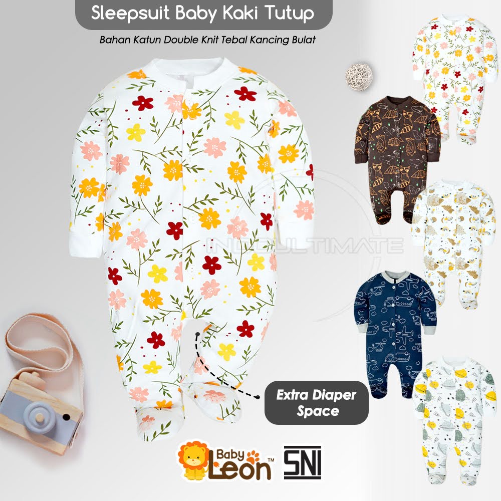 BABY LEON Baju Sleepsuit Bayi Kaki Tutup (0-12 Bulan) Lengan Panjang Baju tidur Jumsuit Jumper pergi anak Bayi balita Newborn BC-072 Sleepsuit Bayi Piyama bedong kaki buka Bayi Laki laki Perempuan Laki-laki