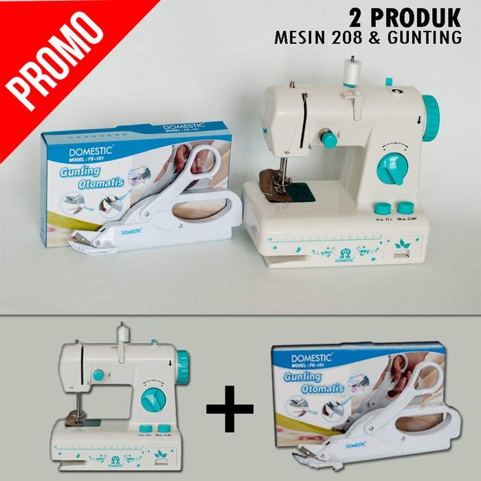 PAKET MESIN JAHIT MINI DENGAN GUNTING MINI PORTABLE DOMESTIC FHSM 208 LAMPU (2KG)